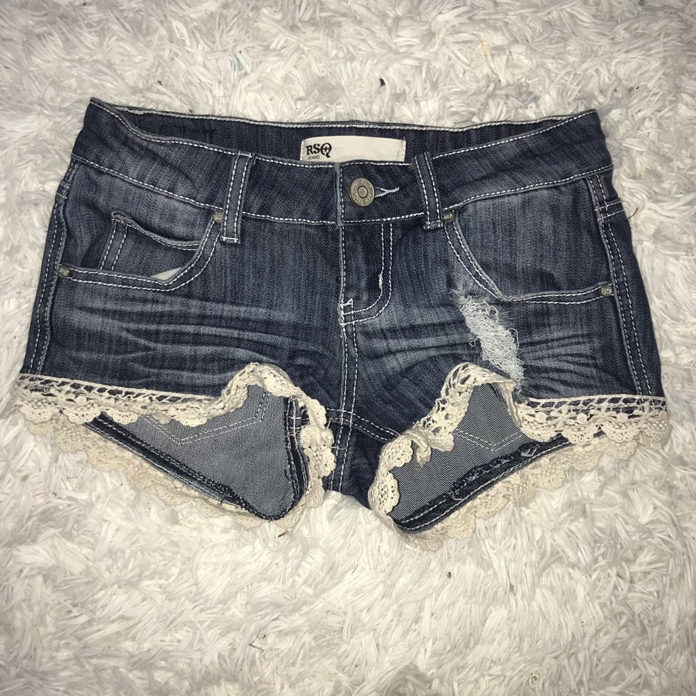 Distressed Denim Shorts with Crochet Edge